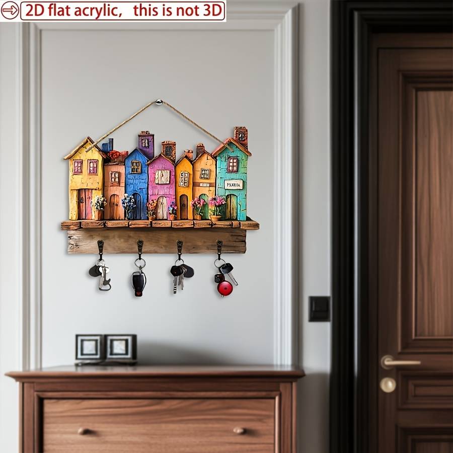 1pc Classic Home Wooden Wall Keychain 29.97cm X 22.86cm with 4 Metal Hooks Multipurpose Home Deco