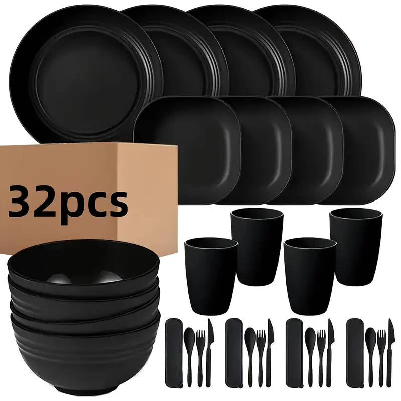 32 Piece Plastic Dinnerware Set Unbreakable, Lightweight Dinnerware Sets for 4