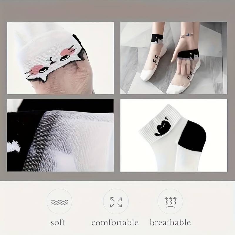 5 Pairs Black And White Cat Mixed Color One Size High Elastic Socks
