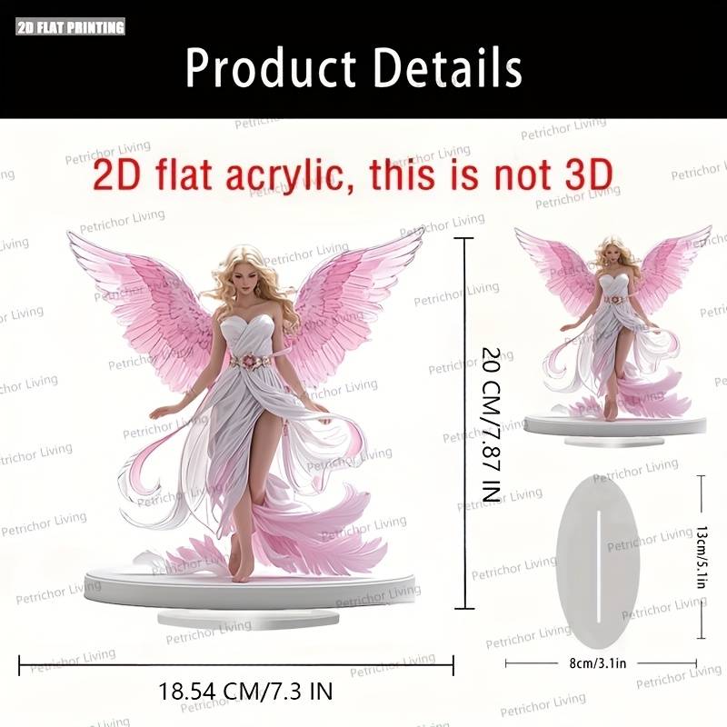 1pc 2D Flat  Bohemian Style  Print Acrylic Angel Desktop Decoration with Pink Wings Serene