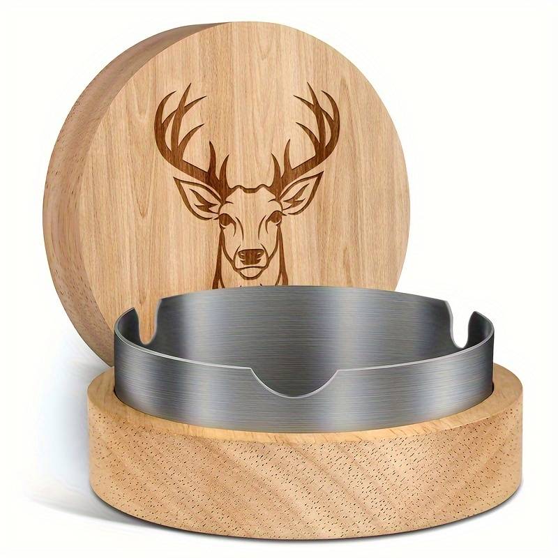 1 Oak Deer Head Pattern Ashtray Creative Fly Ash Ashtray With Lid Home Office Car Wooden Asht
