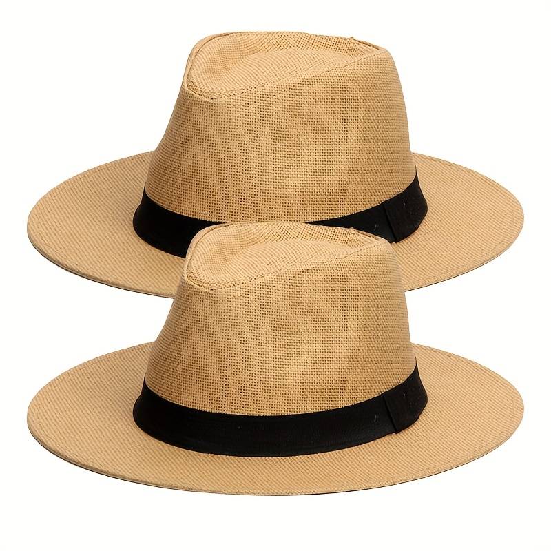 1pc Men'S Woven Straw Jazz Hat with Decorative Ribbon Elegant Wide-Brim Vintage Style for Outdo