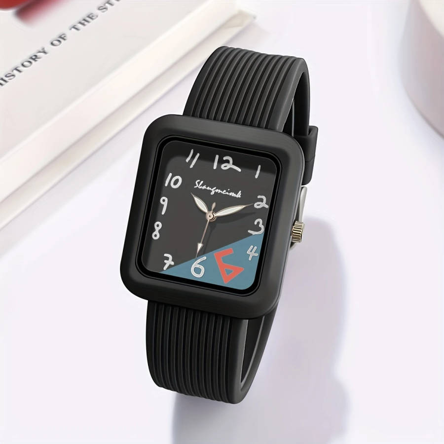 1pc Fashionable Quartz Watch With Striped Silicone Strap Colorblock Dial Rectangular Case Elegant