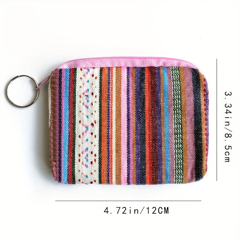 1pc Boho-Chic Retro Striped Canvas Zipper Wallet Lightweight Clutch with Coin Pocket Multifuncti