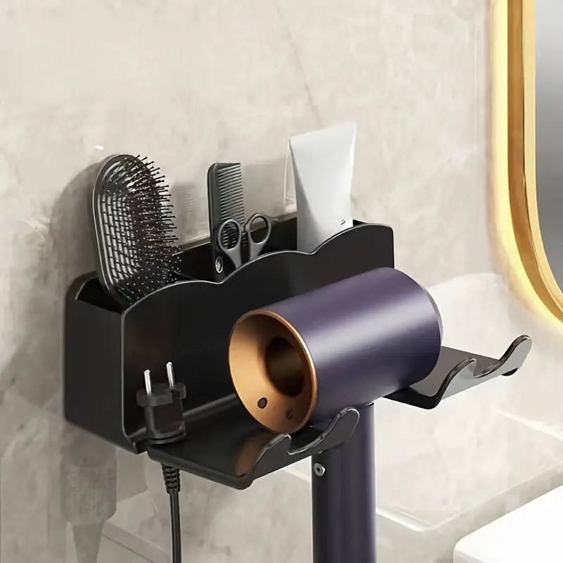 1pc Wall-Mounted Hair Dryer Holder with Storage Shelf Plastic Hanging Shelf for Bathroom No-Drill In