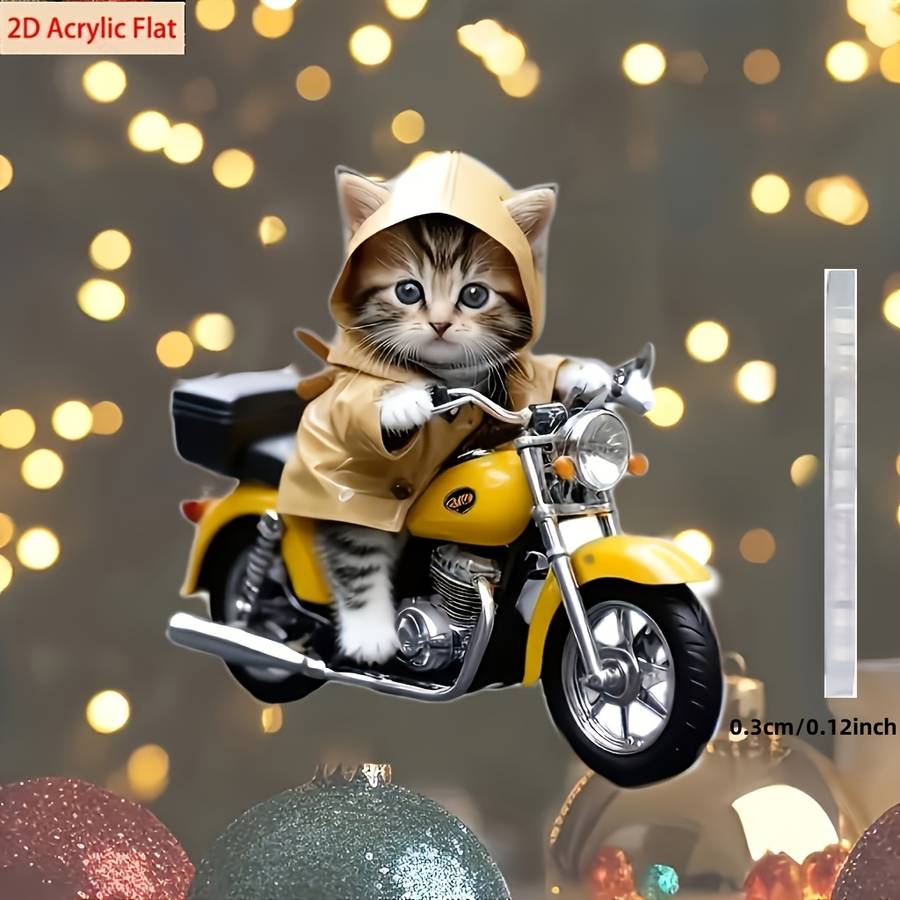 1pc 2D Flat  Acrylic Car Dangling Charm Classic Style Acrylic Cat Riding a Motorcycle Keychain B