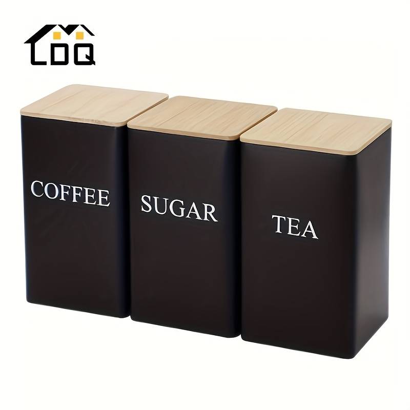 LDQ Set of 3 Iron Kitchen Canisters with Wooden Lids Washable Uncharged Engraved Label Stor