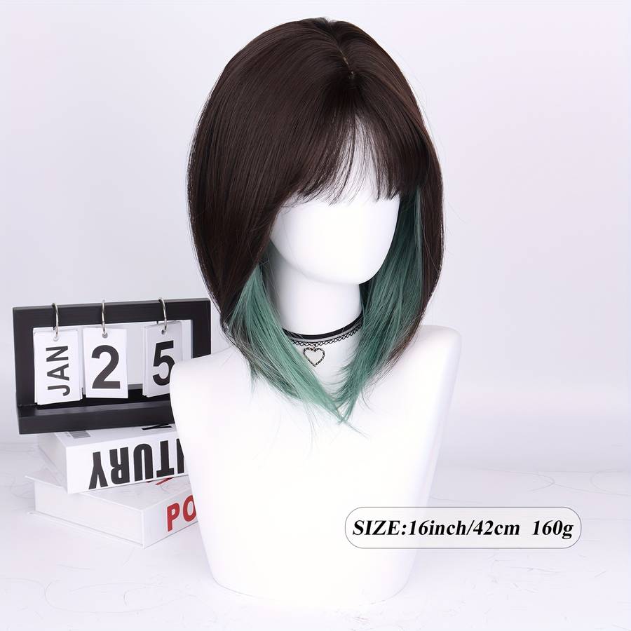 1Pc Brown Black+Green 40.64cm Fashion Design Wig