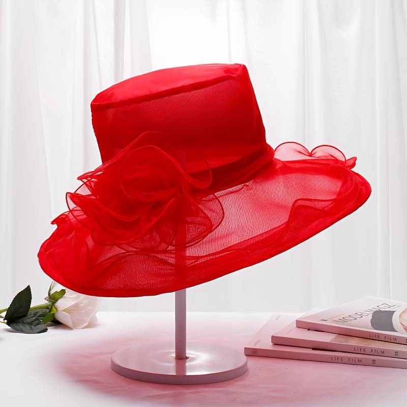 1pc Foldable Flower Organza Sun Hat Elegant Solid Color Mesh Breathable Travel Beach Hats British S