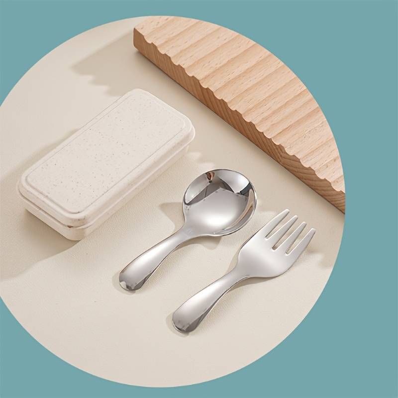 3pcs Set Stainless Steel Short Handle Spoon and Fork Portable Teaspoon for Milk Powder Ice Cr