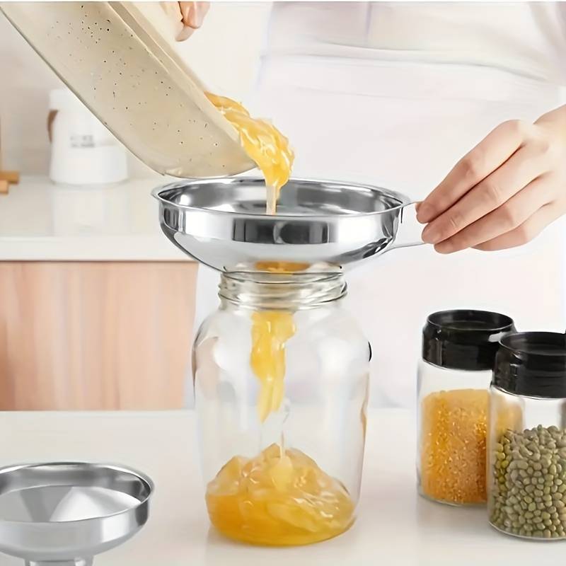 1pc Stainless Steel Kitchen Funnel with Handle Wide Mouth Regular Size Food-Grade Metal fo
