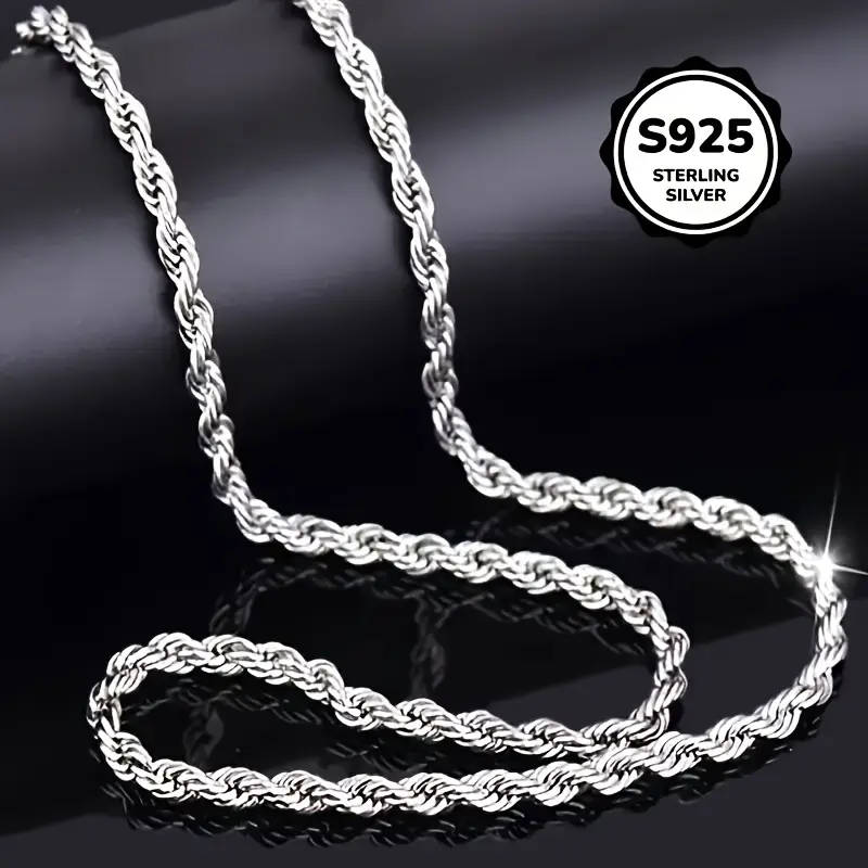 925 Sterling Silver Twisted Rope Necklace, Simple Hip-Hop Style, Shiny Basic Chain