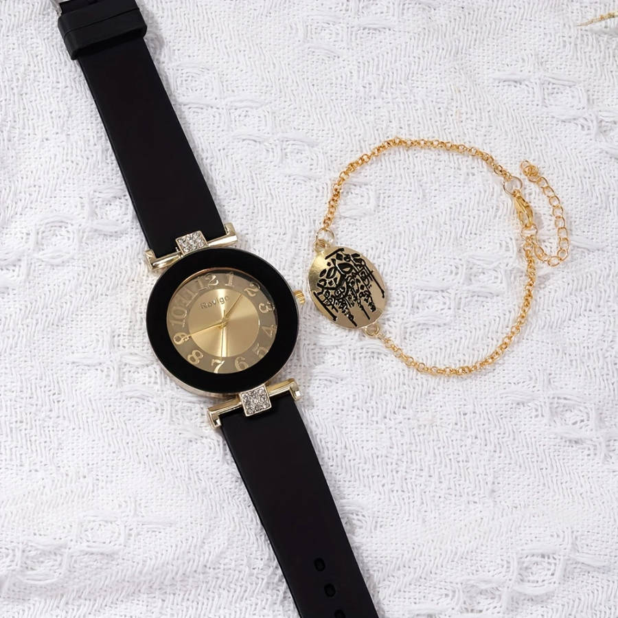 2pcs Elegant Women'S Quartz Watch Bracelet Set Black Golden Middle Eastern Calligraphy Design Classi
