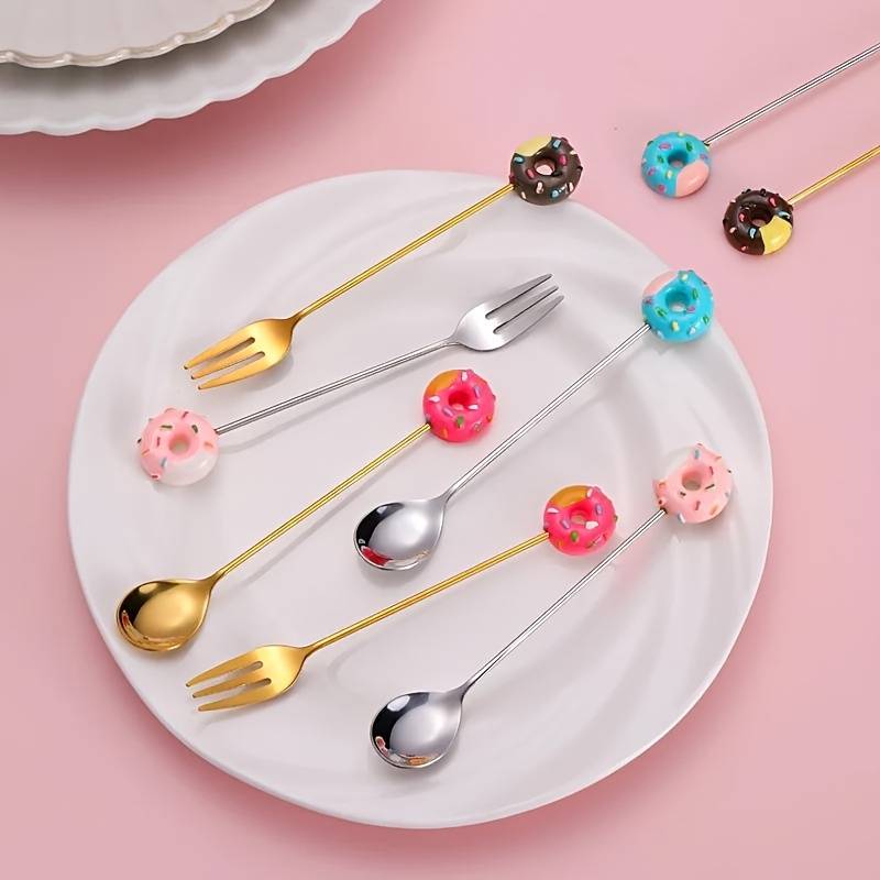 4pcs Cute Donut Theme Stainless Steel Coffee Spoon Fork Elegant Golden Dessert Spoon Fruit