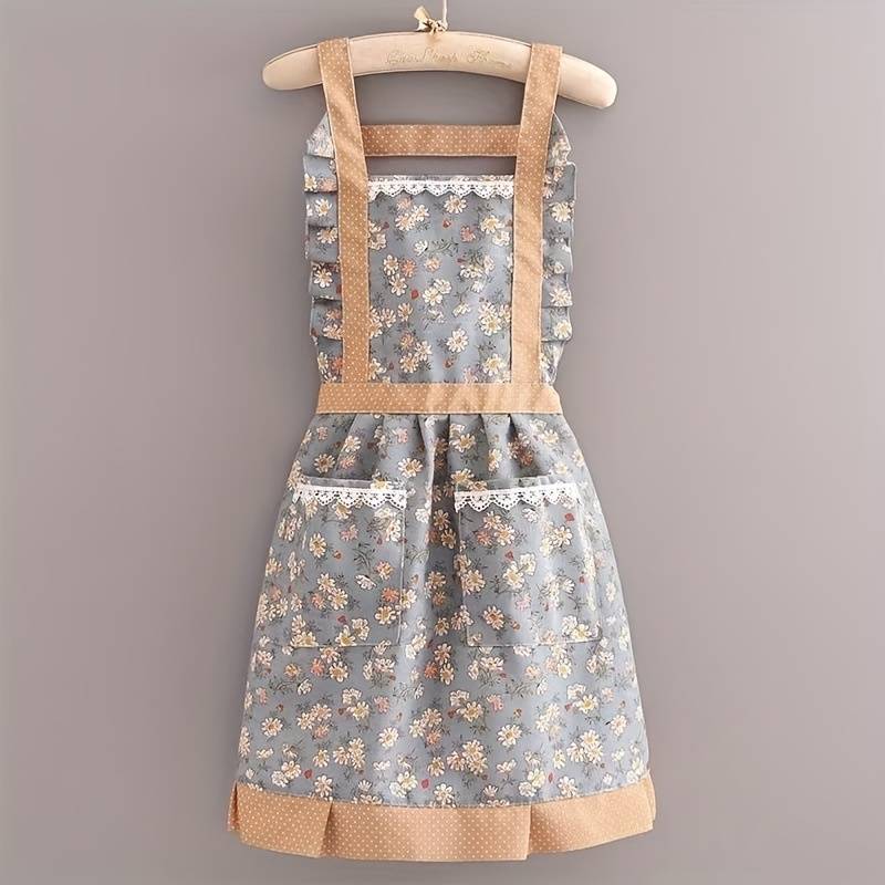 1pc Elegant Floral Print Apron for Women Double-Pocket Design with Ruffled Details Perfect f