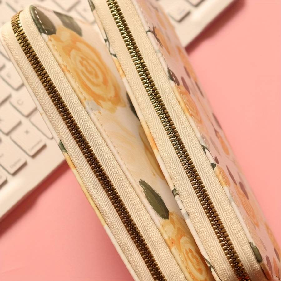 Women'S Fashionable Long Zipper Wallet With Floral Pattern Double Compartment Multiple Card