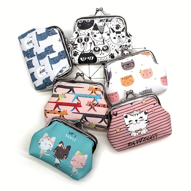 1pc Cute Cat Print Coin Purse Compact Cartoon Wallet for Women PU Material Hand Wash or Dry