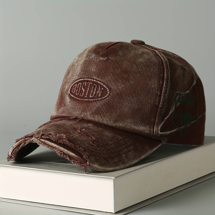 Vintage Washed Denim Baseball Cap With Boston Embroidery Lightweight Soft Top Wide Brim