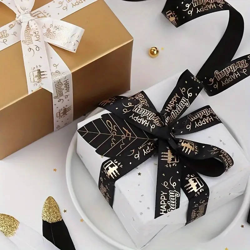Classic Happy Birthday Print Polyester Ribbon Black