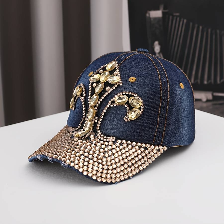 Luxury Rhinestone Embellished Denim Baseball Cap Unisex Adjustable Fit With Sun Protection