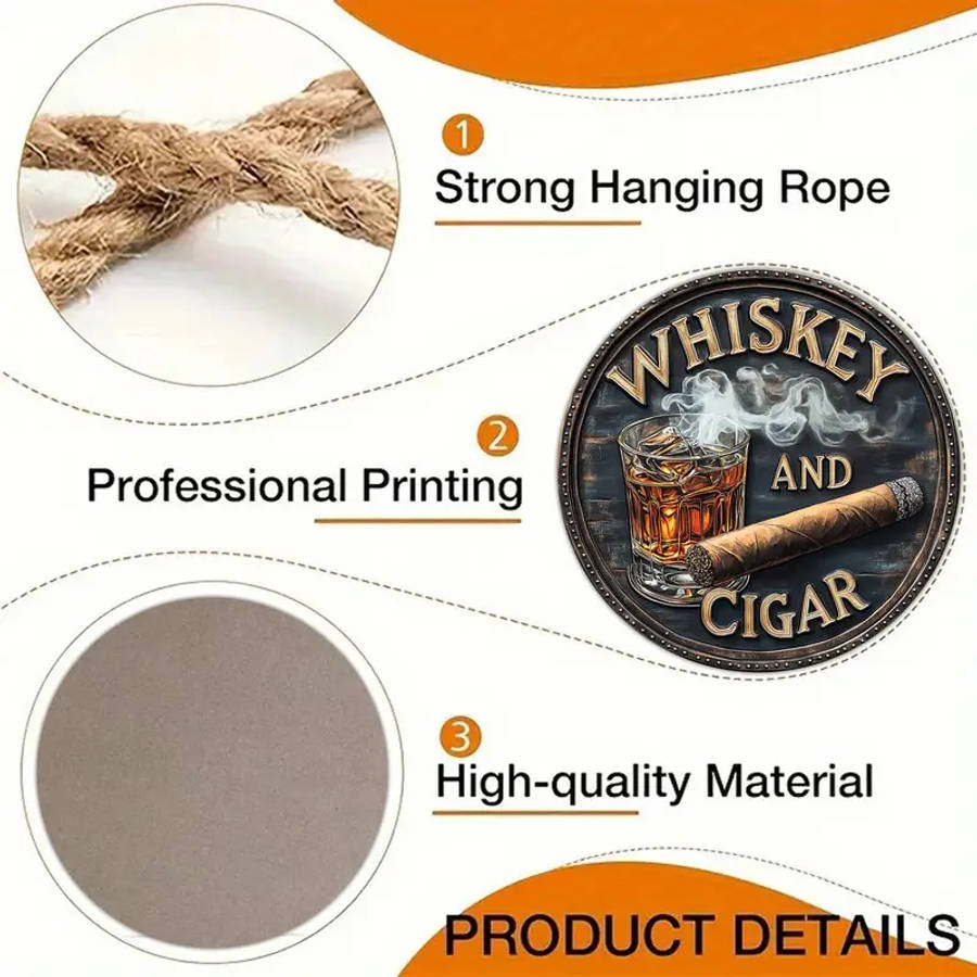 3D Painted Rustic Wooden Round Sign Whiskey And Cigar Artistic Decorative Wall Art Unframed Clas