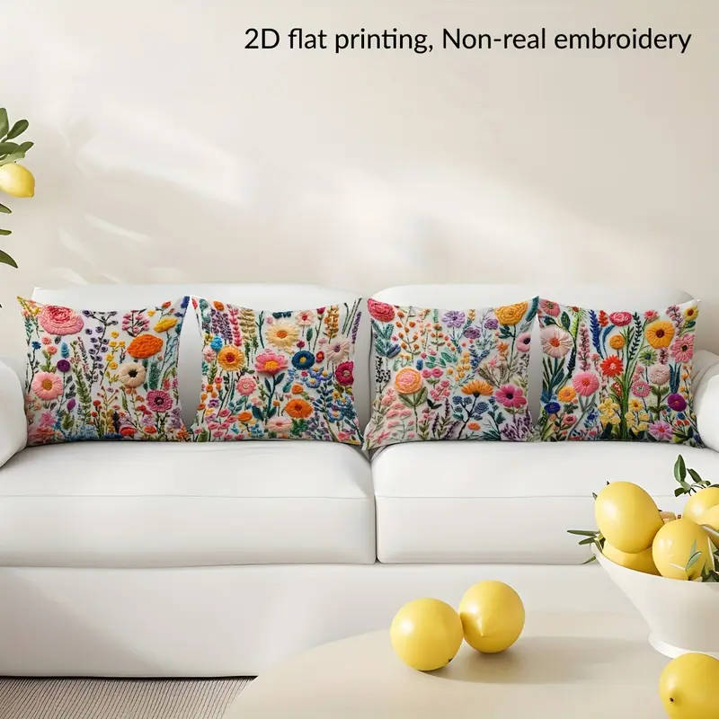 4 Piece, 2D flat printing floral embroidery pattern printing, Non-real embroidery, pillow covers