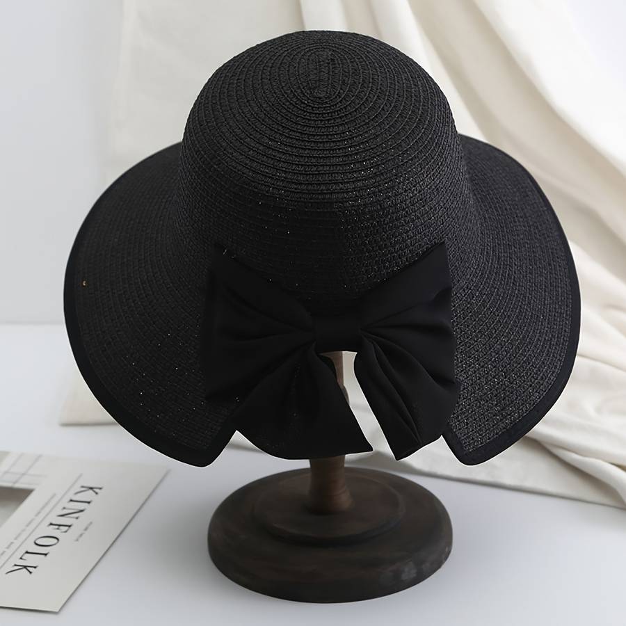 1pc Stylish Wide Brim Straw Sun Hat with Black Ribbon Bow Lightweight Polyester Beach Hat for Wom