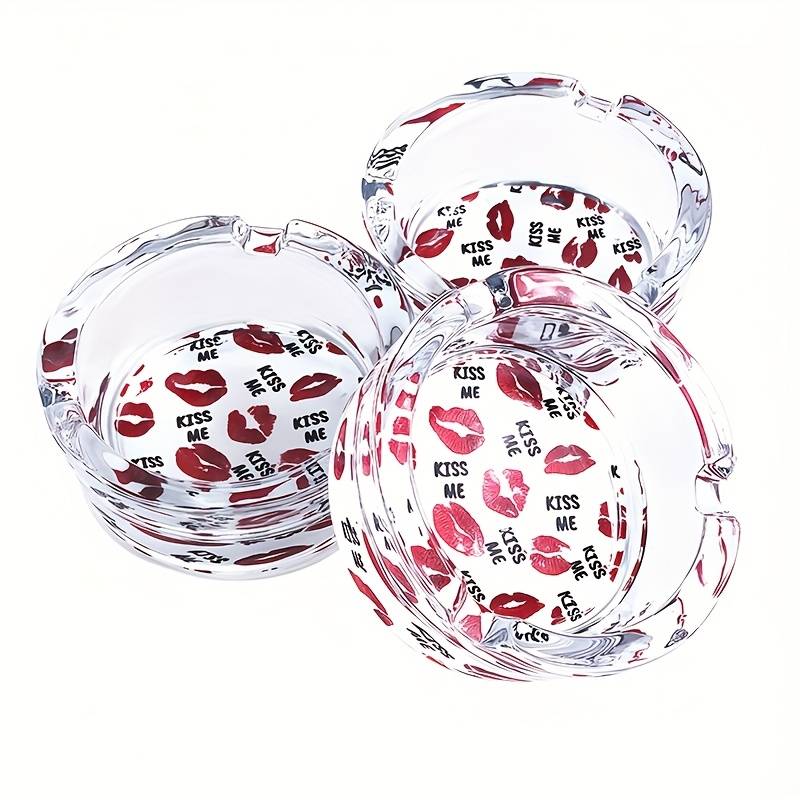 1pc 8.48 cm Round Glass Ashtray with Sexy Red Lips Design C KISS ME Pattern Clear Smoking Access