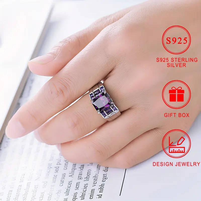 925 Sterling Silver Ring with Square Purple Synthetic Zirconia