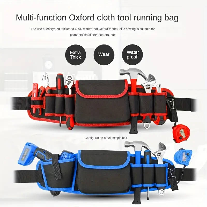 1pc Multi-Function Oxford Cloth Tool Waist Bag for Electricians Durable Waterproof with Multiple Poc