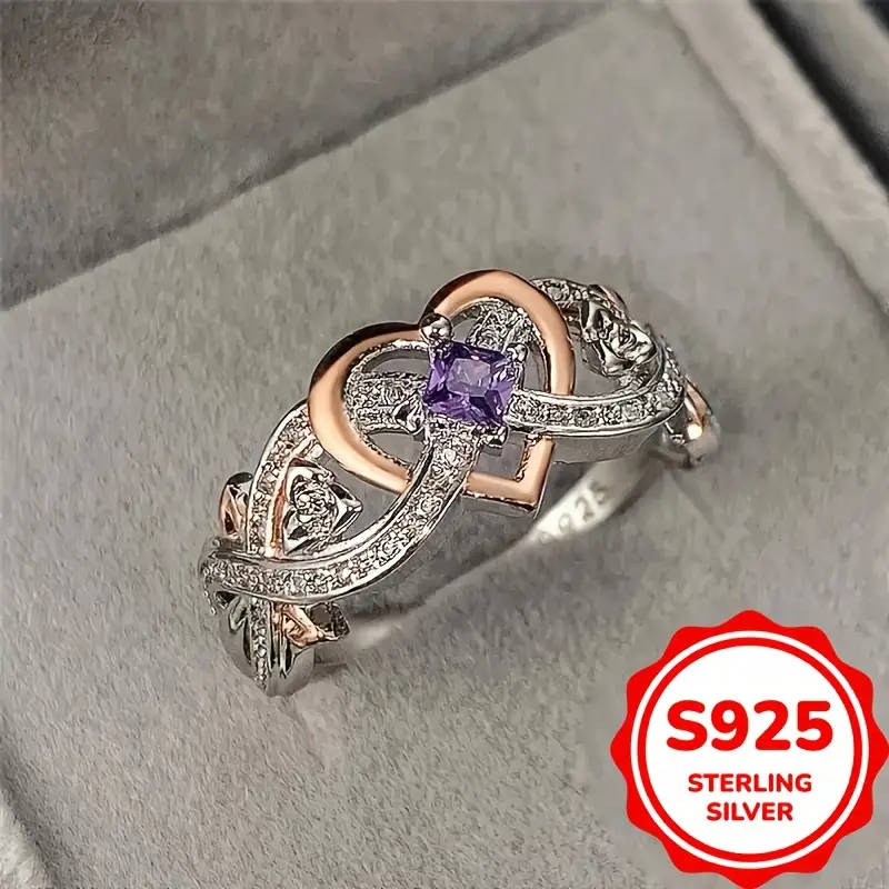925 Sterling Silvery Infinity Heart Ring with Purple Synthetic
