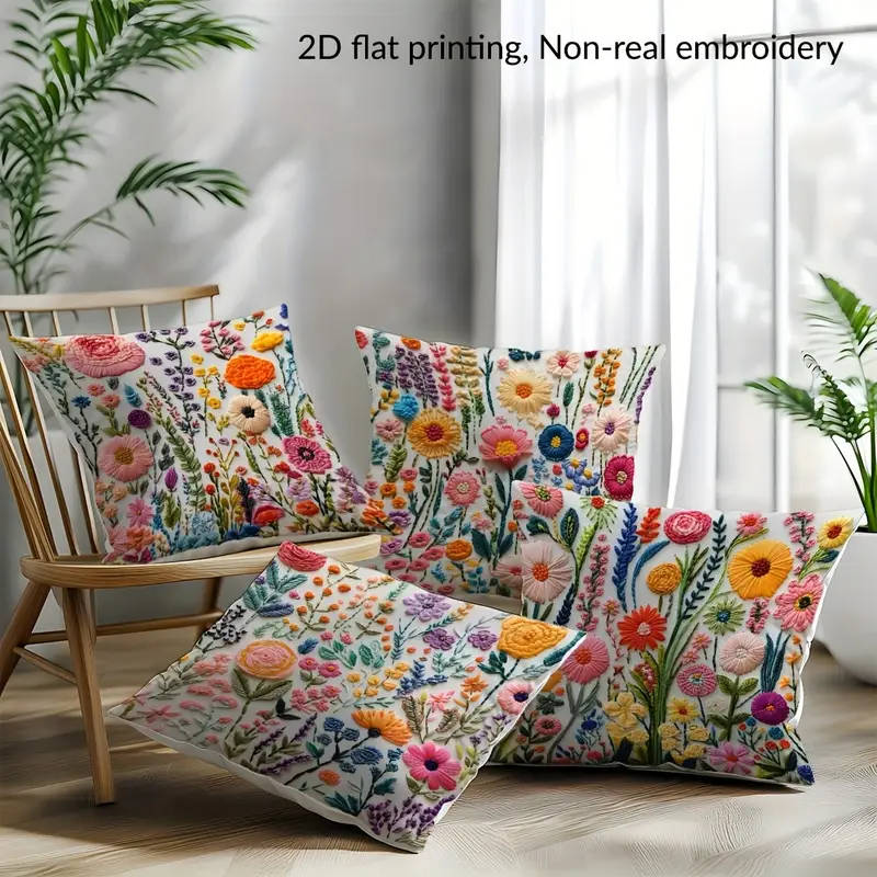 4 Piece, 2D flat printing floral embroidery pattern printing, Non-real embroidery, pillow covers