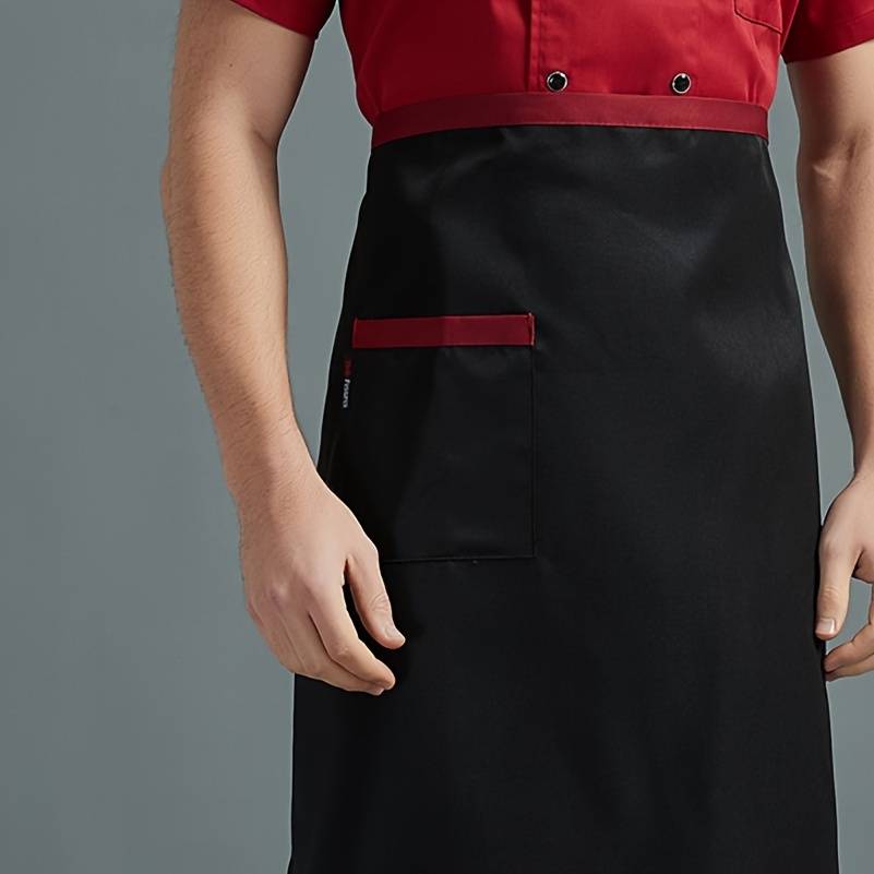 1pc Men's Black Canvas Chef Apron with Red Stripe Half-Length Server Kitchen Work Apron Durabl