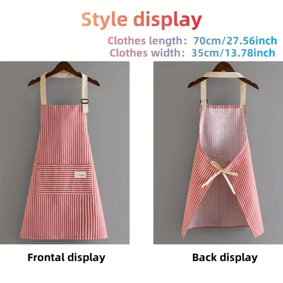 1pc Striped Polyester Apron with Pockets Breathable Waterproof Oil-Resistant Adjustable Neck Strap f