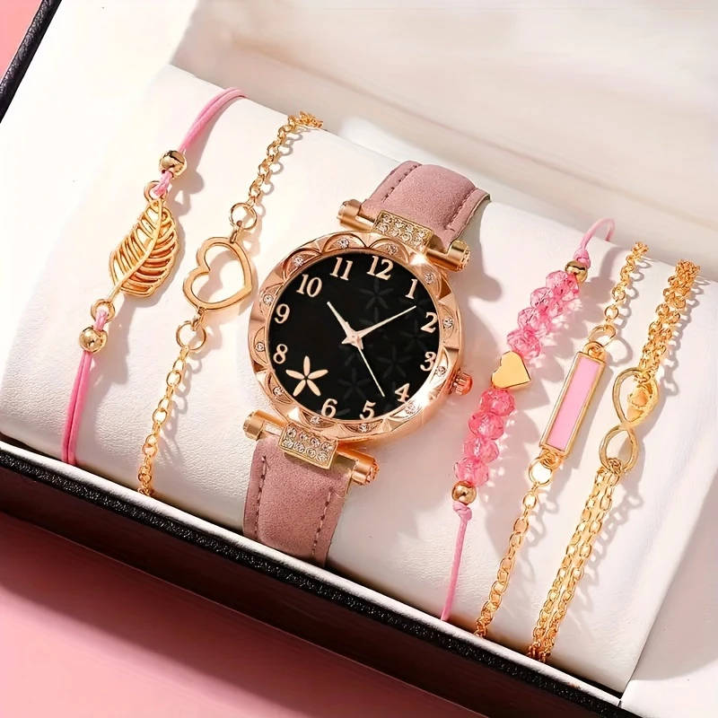 6pcs set Beautifully Designed Printed Rhinestone Quartz Watches with Digital Dial And Bracelets