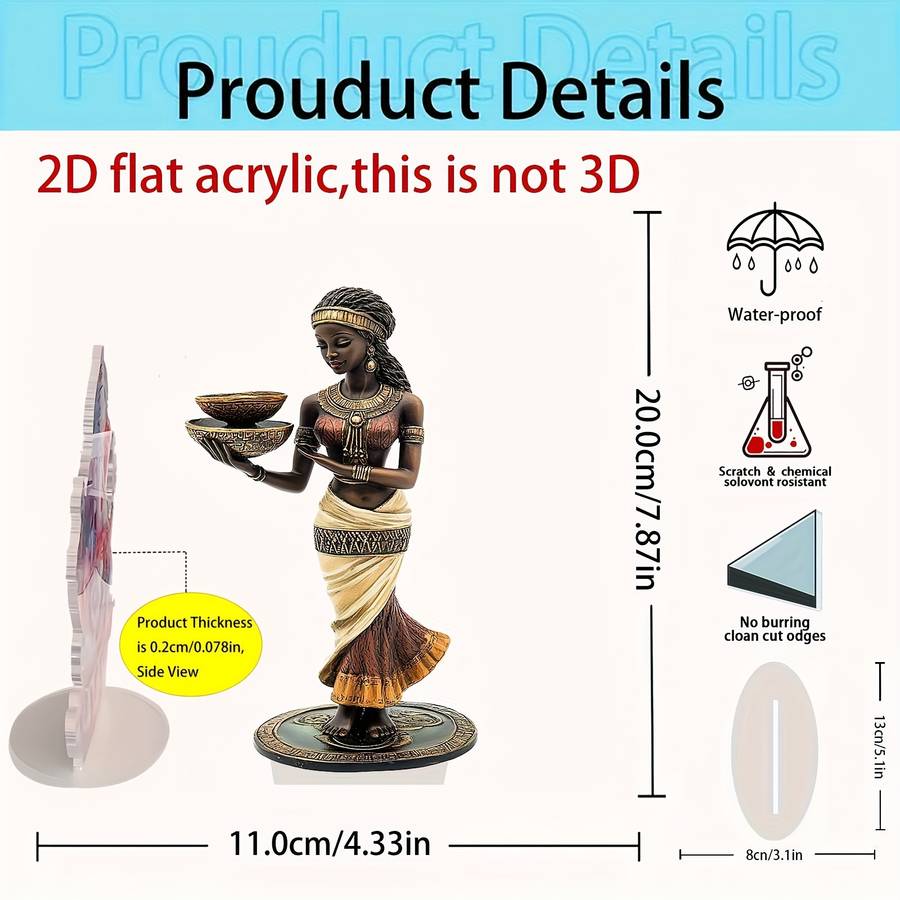 1pc 2D Flat  Elegant Bohemian African Lady Statue with Golden Accents  Acrylic Crystal Decoration In
