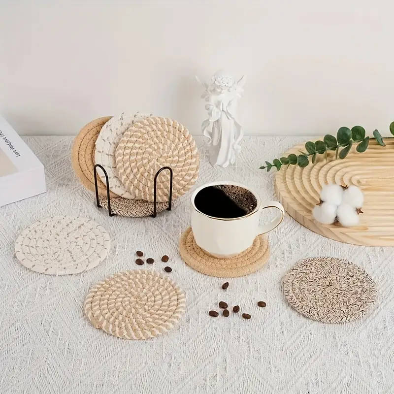 8pcs Chic Woven Placemat Set Heat-Resistant Anti-Scald Coasters for Pots Plates Light & Dark Color S