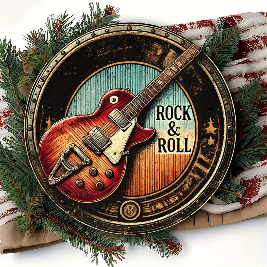 2D Flat Vintage Rock Roll Guitar Metal Wall Art Sign 20.32x20.32 cm Round Iron Decorative