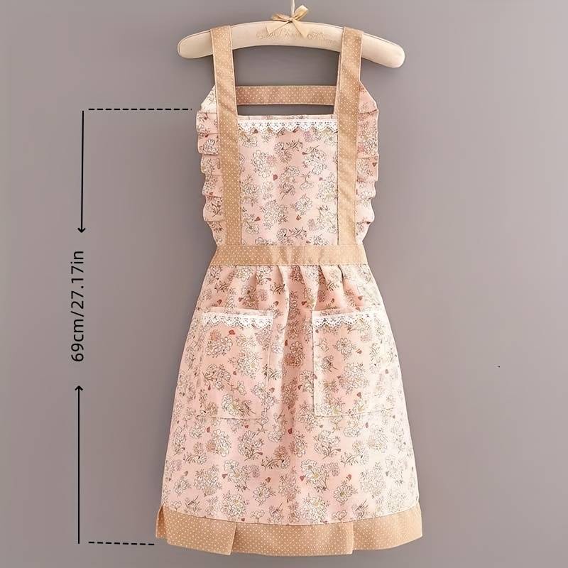 1pc Elegant Floral Print Apron for Women Double-Pocket Design with Ruffled Details Perfect f