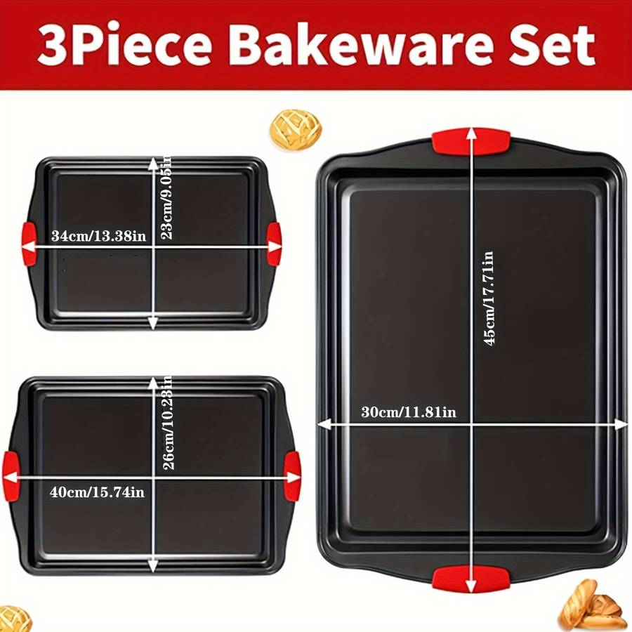 3-Piece Premium Non-Stick Metal Bakeware Set Durable Carbon Steel Heat Resistant Easy-Relea