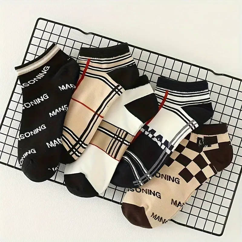 10pcs Men's Fashion Ankle Socks Trendy Versatile Stylish Low-Cut Boat Socks with Letter Pattern Brea