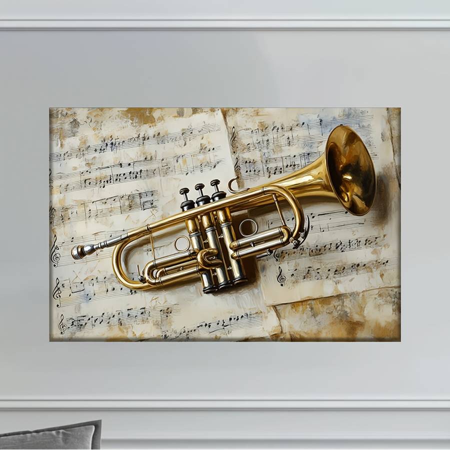 1pc 2D Flat  Unframed Canvas Art Golden Trumpet with Music Notes Abstract Music-Themed Wall
