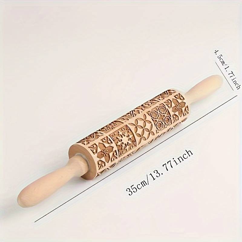 1pc Wooden Embossing Rolling Pin 13.77"x1.77" Christmas Halloween Printed for Pizza Pies
