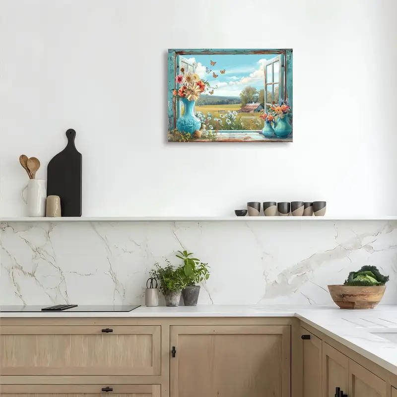 1pc Wooden Framed Canvas Painting Open the window view Wall Art Prints for Living Room Bedroom Kitch