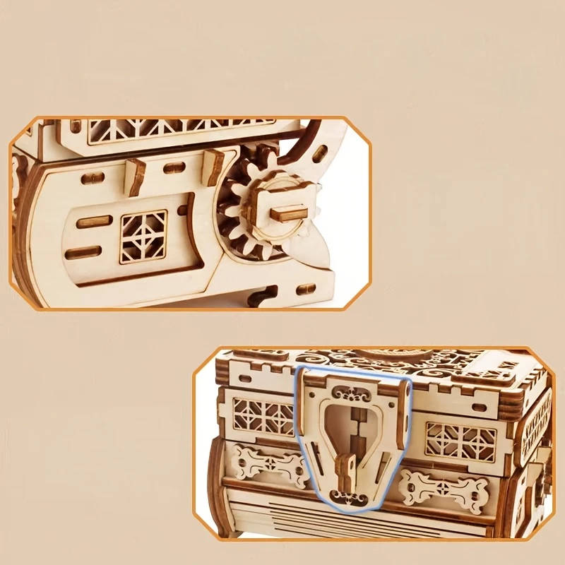 1pc DIY 3D Wooden Puzzle Jewelry Box Handcrafted Khaki Mechanical Treasure Chest with Intricate Desi