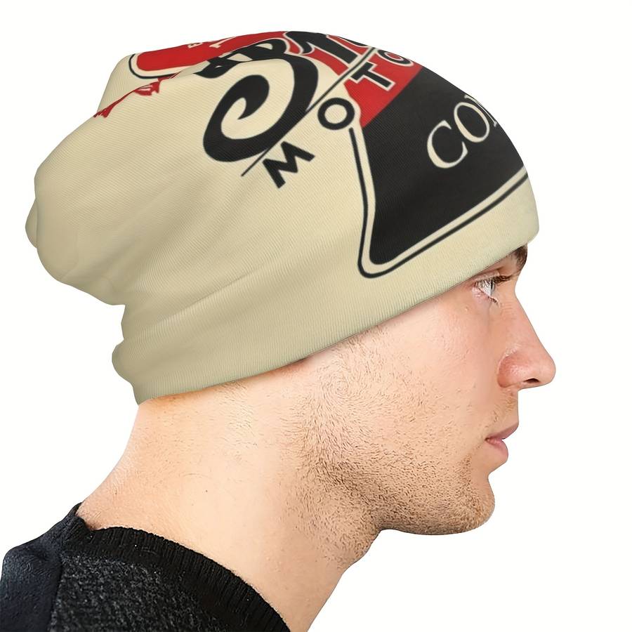 Retro Indian Motorcycle Pattern Beanie Stretchy Knit Ski Cap Soft Polyester Blend Funky