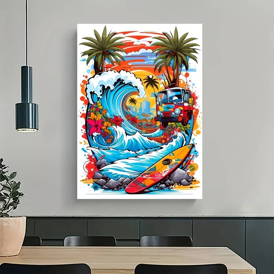 1000pcs Surfboard Jigsaw Puzzle Vibrant Beach Scene with Palm Trees Surfboards R