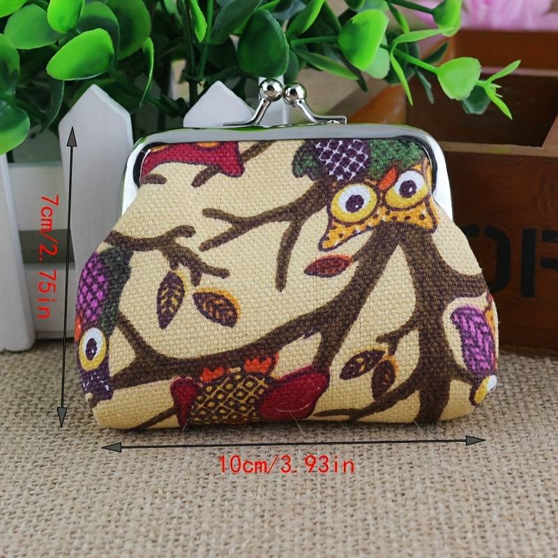 1pc Adorable Small Coin Purse Women's Canvas Owl Cartoon Coin Bag