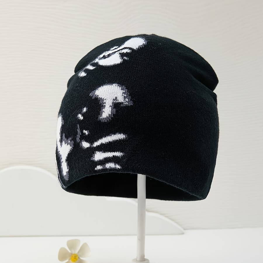 Chic Skull Beanie Black White Jacquard Stretchy Elastic Knit