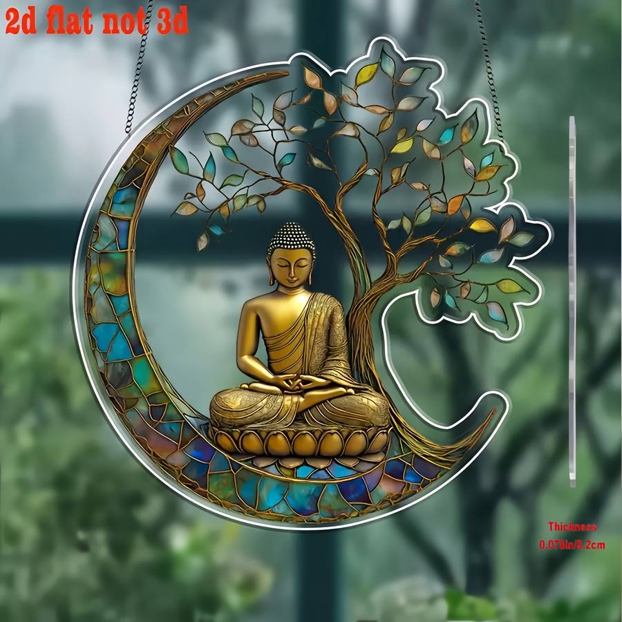 2D Flat Vintage Buddha Suncatcher Acrylic Stained Glass Window Hanging Decor 19.99Cm X 2